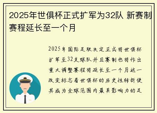 2025年世俱杯正式扩军为32队 新赛制赛程延长至一个月
